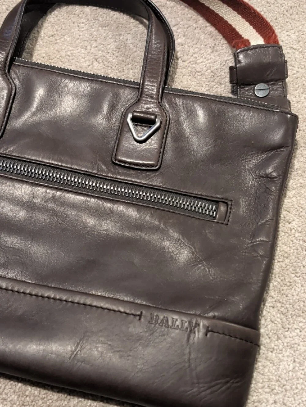 Bally Brown Leather Messenger Crossbody Bag Signature Stripe Strap